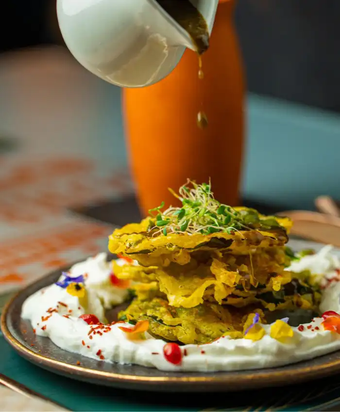 Crispy Palak Chaat appetizer, a modern Indian delicacy at Bombay Velvet luxury restaurant in Reston, VA